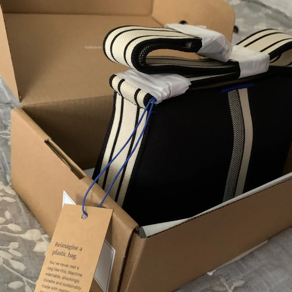 🆕 Rothy's Black Ivory Stripe Crossbody Bag Purse Shoulder Bag Sleek Pocket Zip